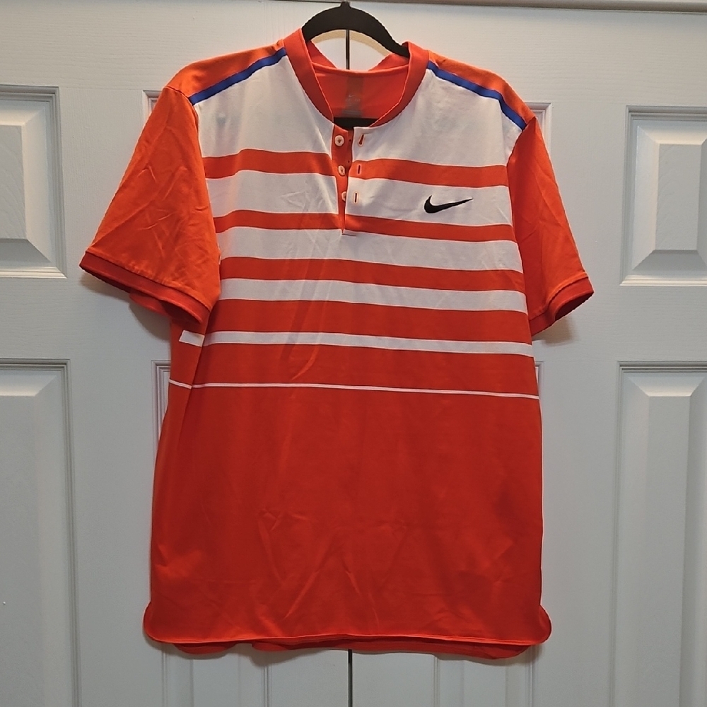 Nike Roger Federer Mens Red White Royal Blue Striped Polo Shirt XL Slim Cut EUC